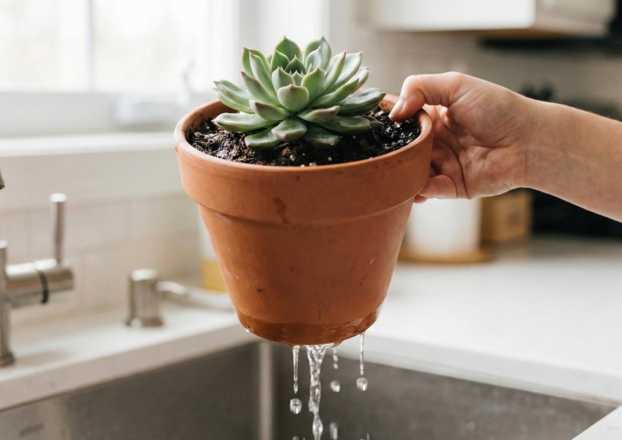 Watering a succulent pot until water drains freely from the bottom holes