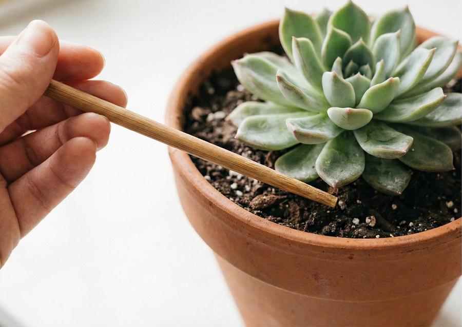 A wooden chopstick being inserted into succulent soil to check moisture